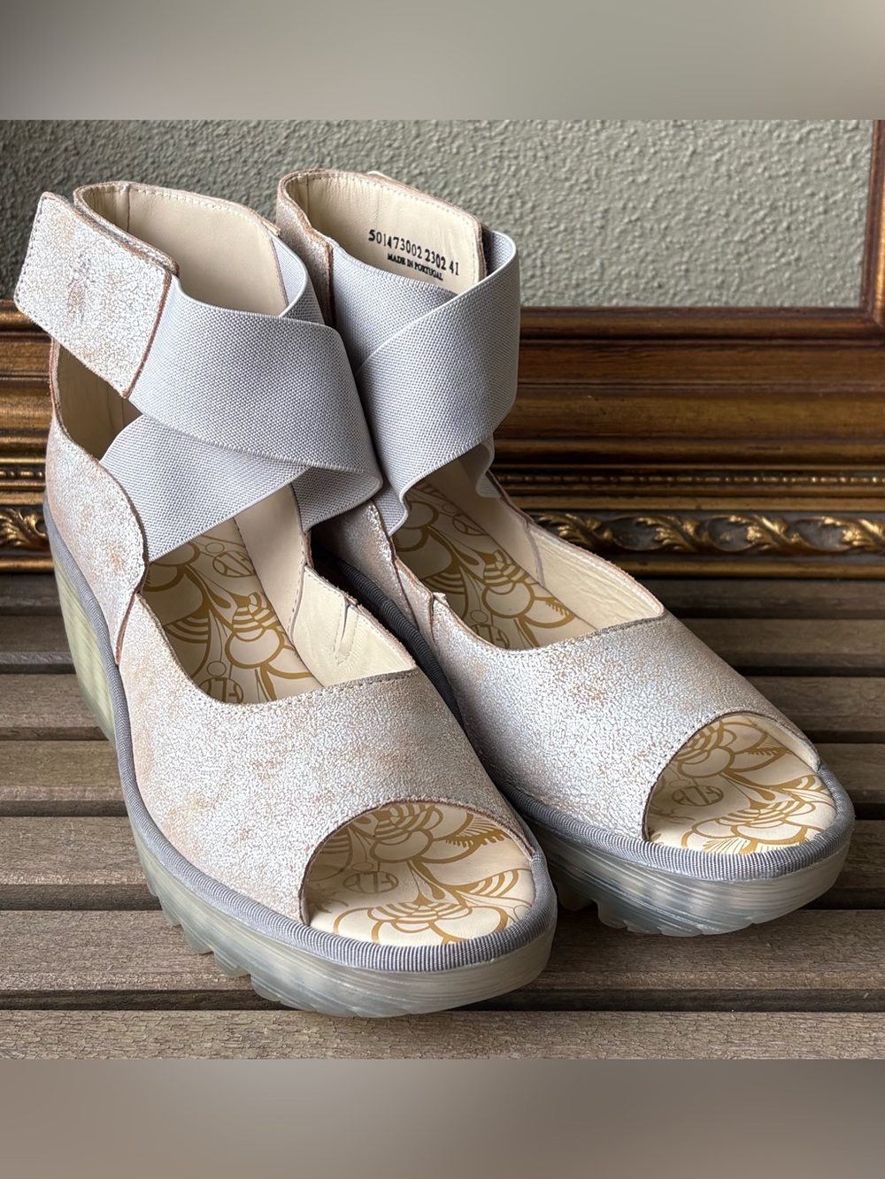 Fly London Wedge Sandals with Elastic Crisscross Straps - goldish size 10